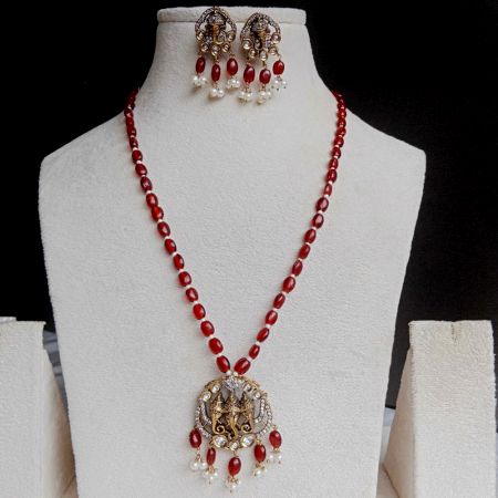 Handmade Brass Metal Jewellery Red Bead Pendant Set